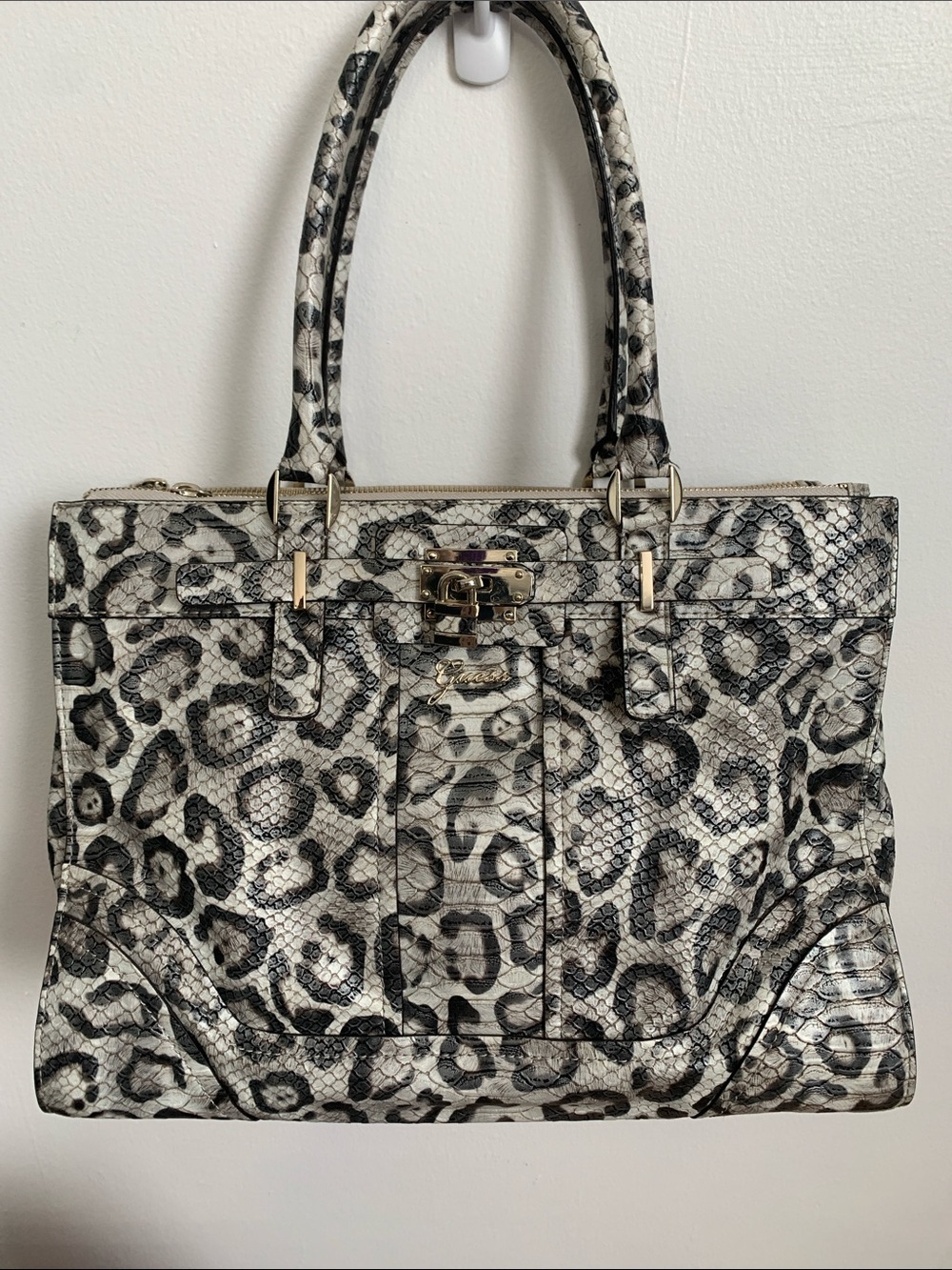 Guess Leopard-Print Satchel in Black & White with Gold Hardware